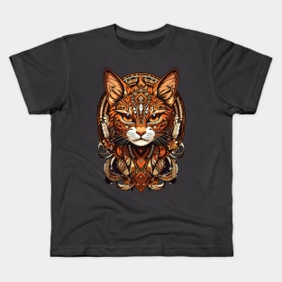 Serious Brown Cat retro vintage tribal art fusion design Kids T-Shirt